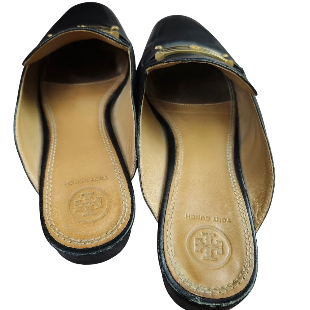 Tory Burch Amelia Black Leather Classic Logo Bar Mules Slides Flats Size 11M